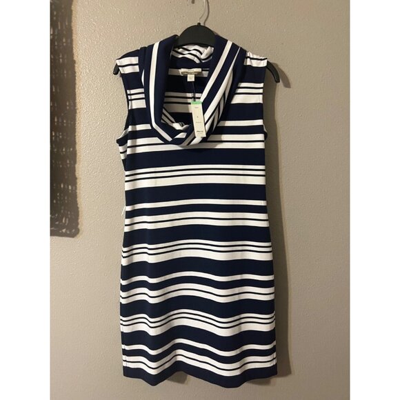 Muse Boston Proper Dress 8 Navy Blue White Stripe Collared Stretch Washable NEW - Picture 3 of 6
